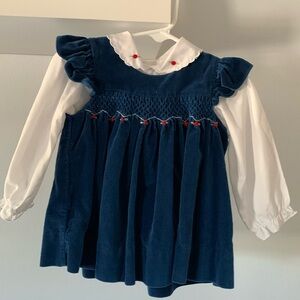 Blue velvet dress with smocking and a white scalloped collar blouse.